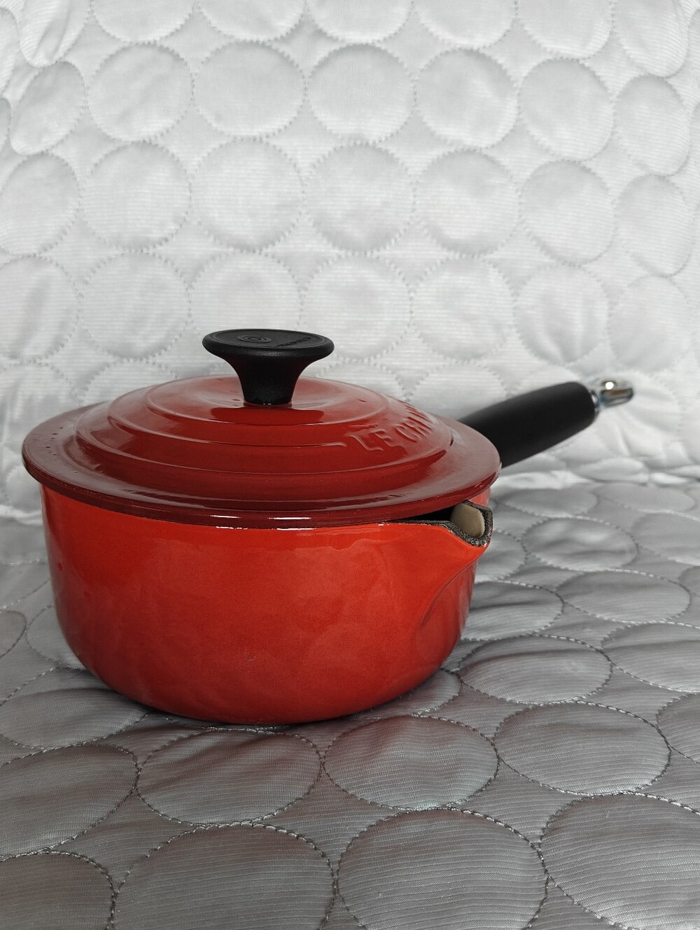 Le Creuset #16 Bright Red Enameled Saucepan with Pour Spout and Lid